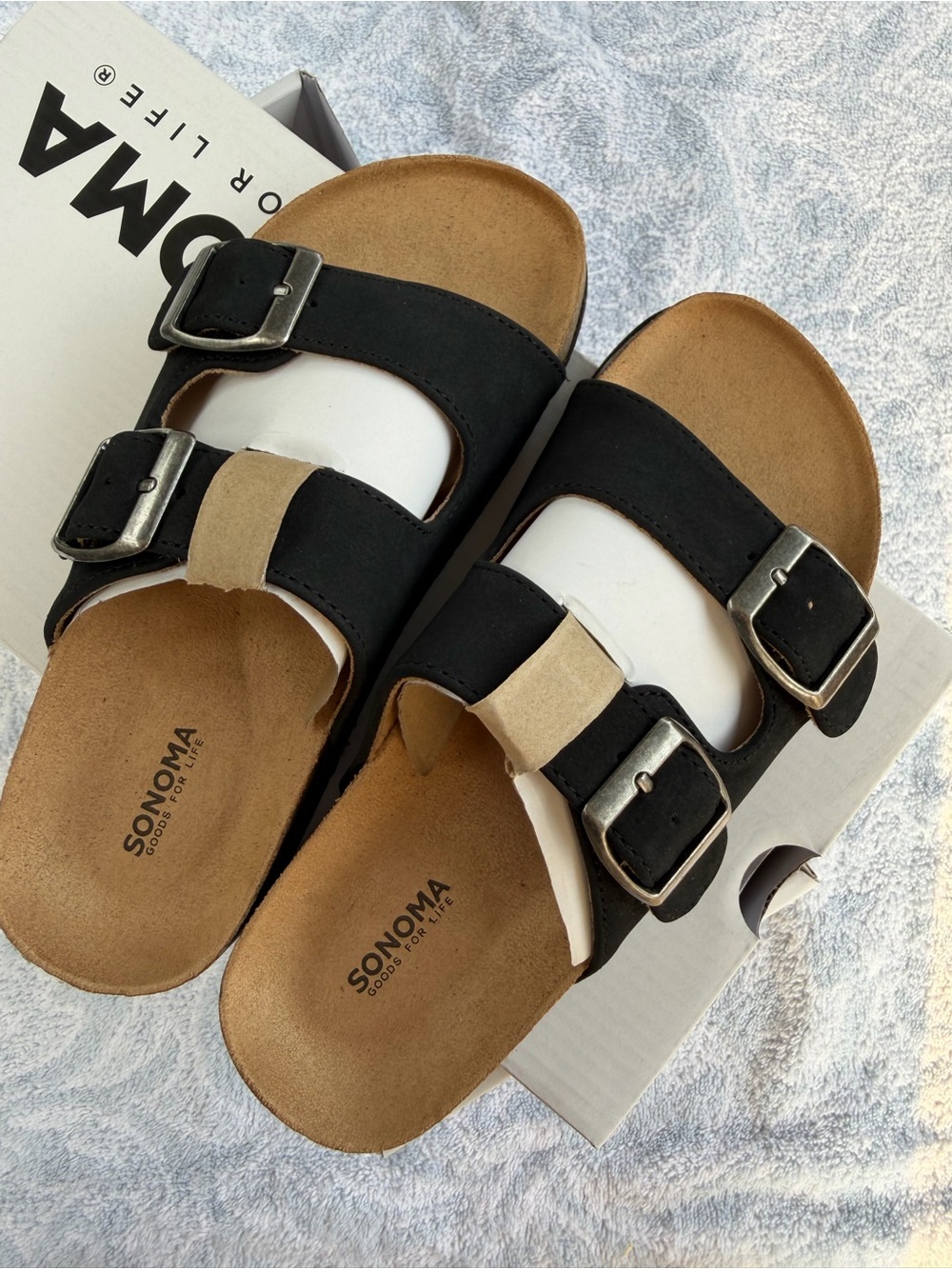 Sonoma Black Slide Sandals with Tan Footbed and Silver Buckles